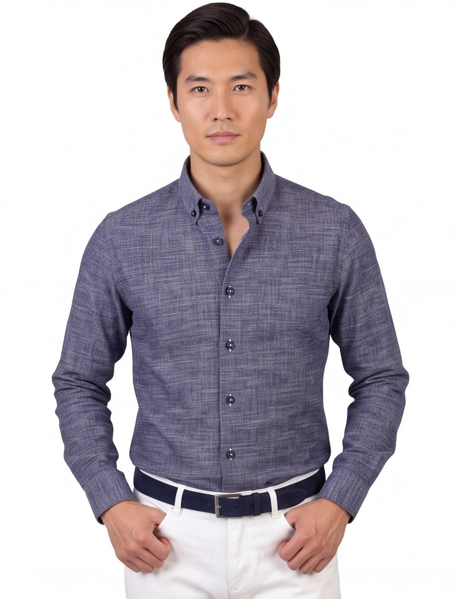 Ledub modern fit overhemd - stretch - donkerblauw melange structuur - Strijkvriendelijk - Boordmaat: 41