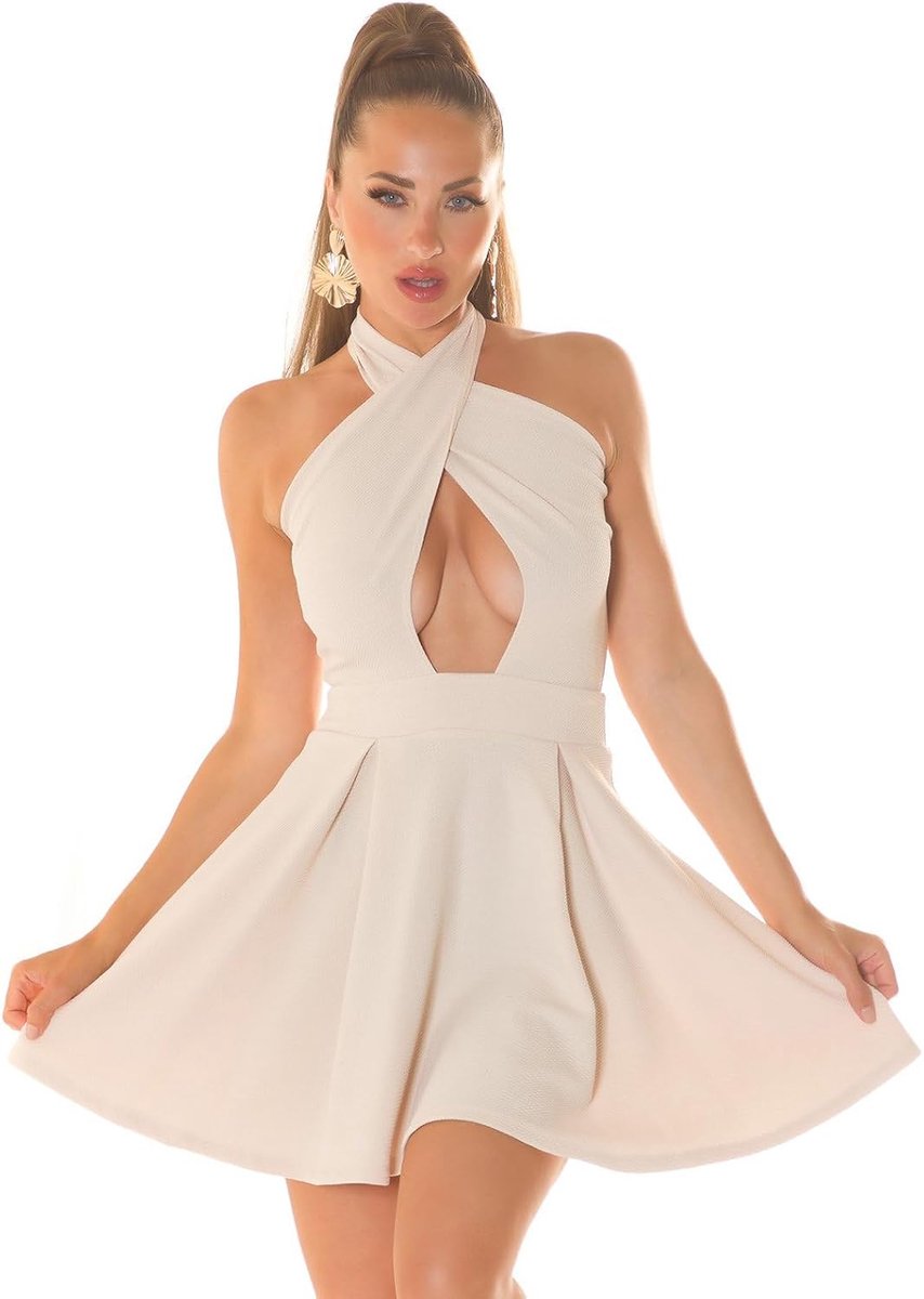 krautwear Women's Mini Dress with Halterneck and Bell Skirt Fitted Swing Skirt Colours Beige White Coral Red Sizes S-L - ShopVlot