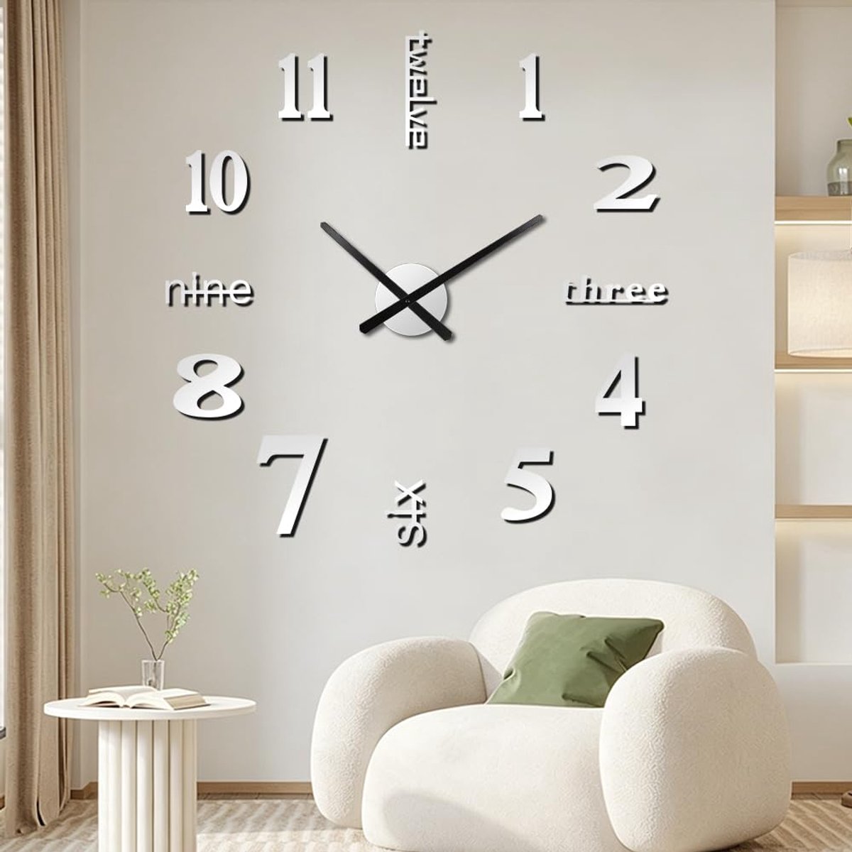 Wandklok grote 3D DIY - frameloos zilver - moderne Romeinse cijfers - stijlvol voor woonkamer - ShopVlot