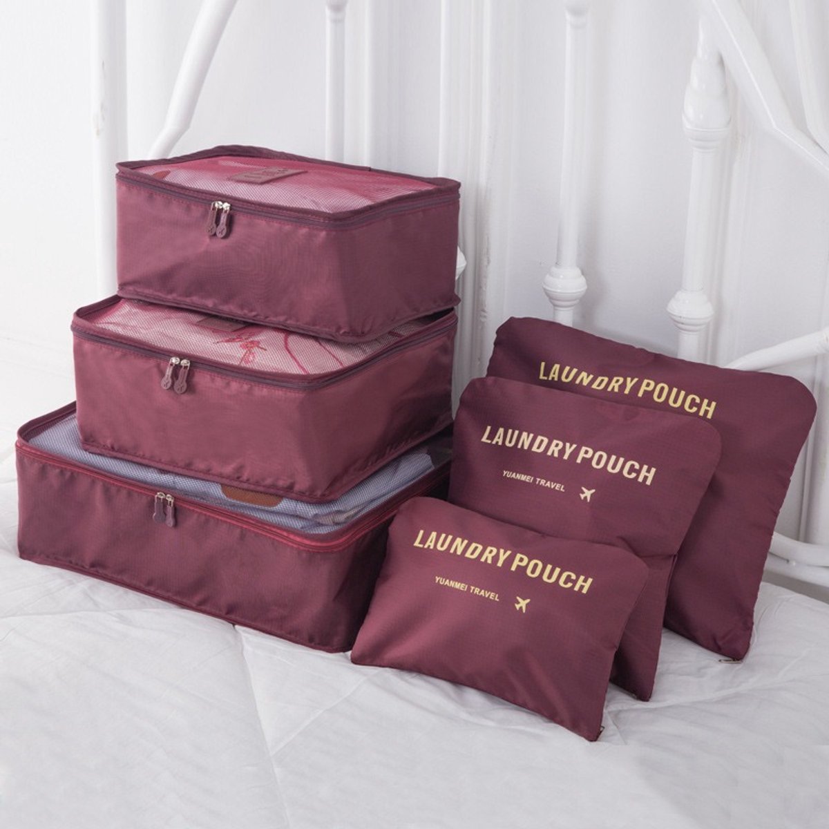 Koffer organizer - 6-in-1 set - Reisorganizer inclusief 3 x verpakkingsblokken en 3 x opbergzakken - Reiskledingzakken voor droge kleding, ondergoed, cosmetica en andere accessoires - Wijnrood