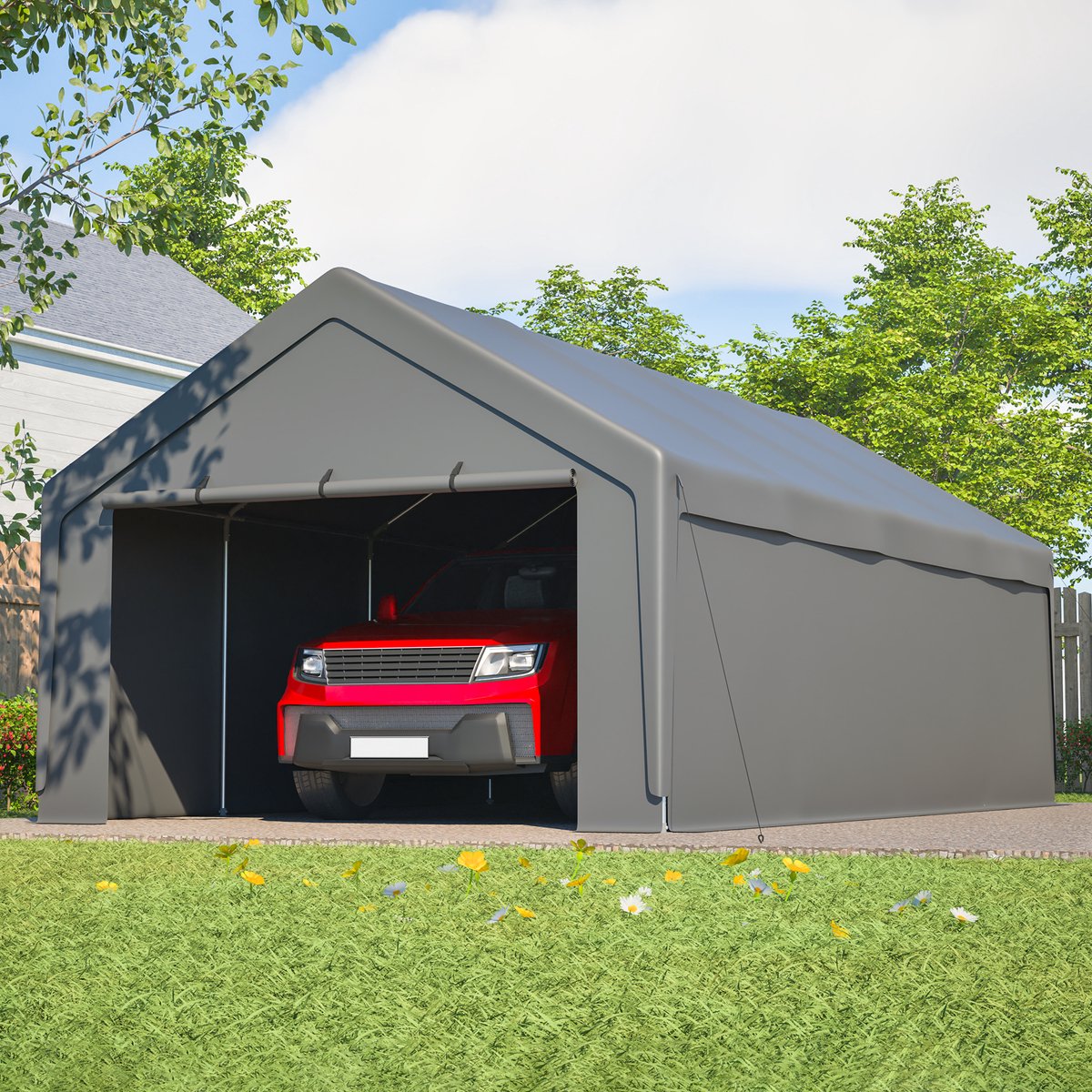 Zubaliya Carport van metaal – zijramen – 400 x 765 x 311 cm – Grijs