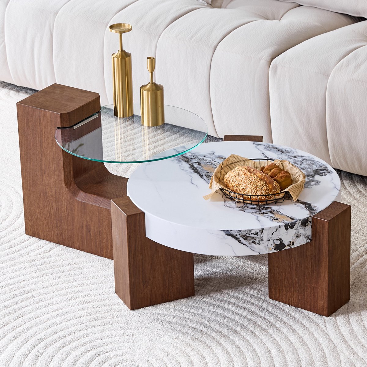 COVREO Salontafel 61x61x44 cm, walnoot en wit, MDF en glas, 2-delige set