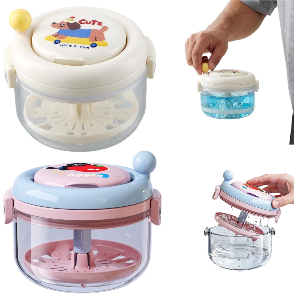Set van 2 kunstgebitten reinigingsdoos - Beugelhouder reiniger - Kunstgebitten opbergdozen - Handbediende roterende reinigingsdoos - met spiegel en borstel - voor kunstgebitten, onzichtbare aligners, retainers (9*6,9 cm - diverse uitvoeringen)