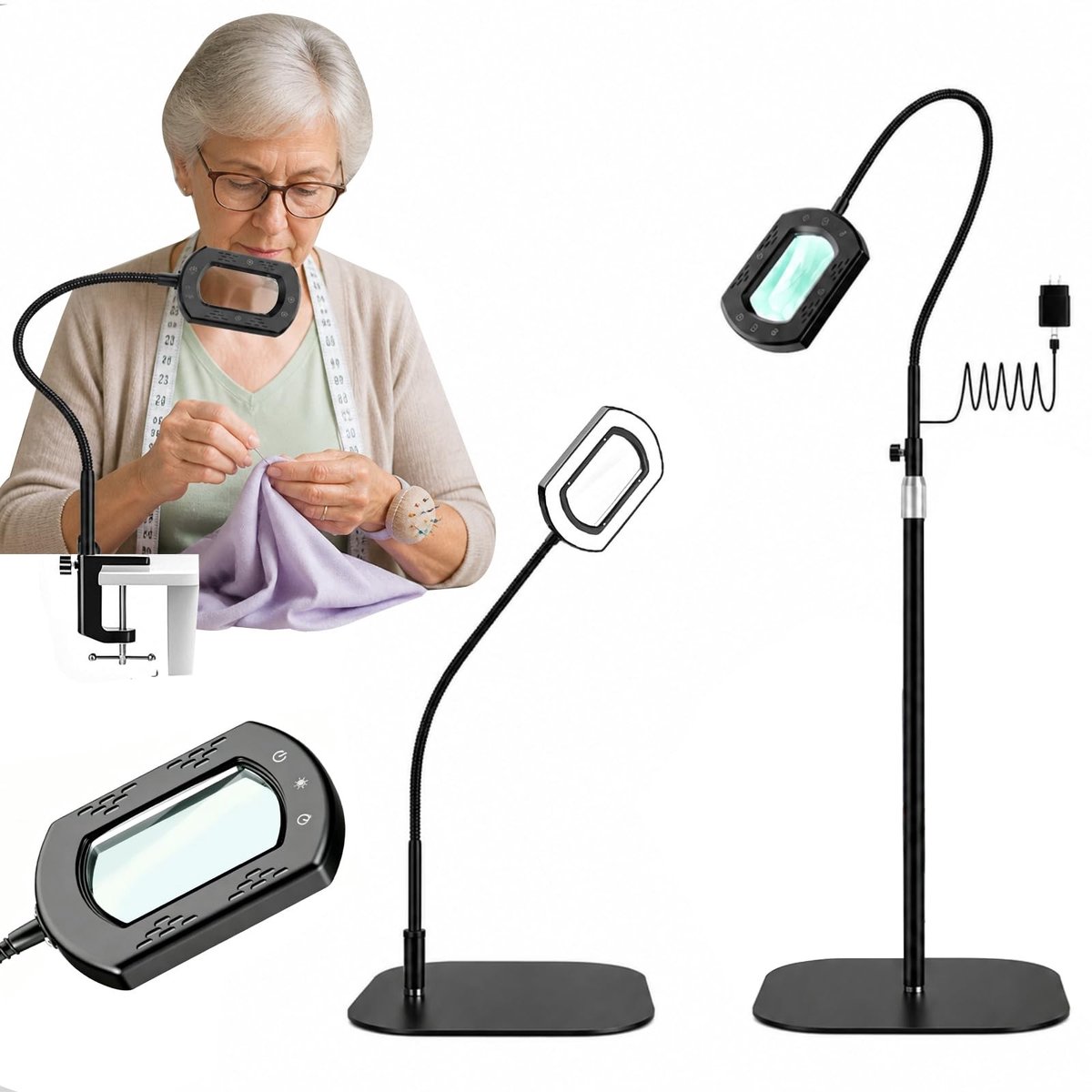 Staande vergrootlamp met 10-voudige vergroting, 60 LED's, flexibele zwanenhals en 5 kleurmodi voor optimaal leescomfort voor senioren en hobbyisten