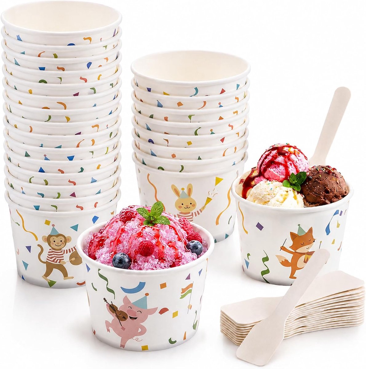 Ijsbekers 150 ml - 50 stuks met lepels - kleurrijke dieren - perfect voor desserts - ShopVlot