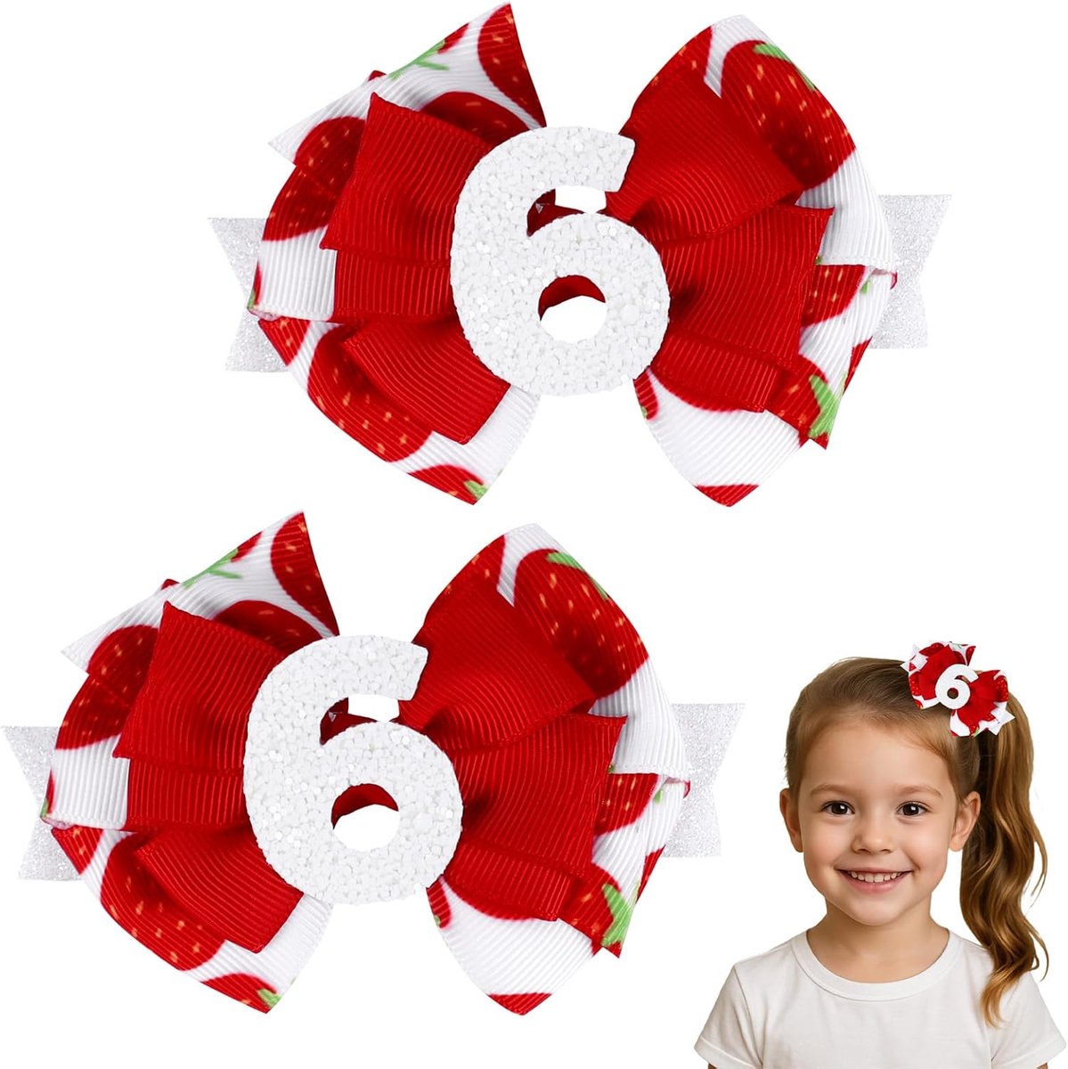 Haarstrikken voor meisjes - 2-pack in aardbei roze en blauw - met glinsterende cijfers - ShopVlot