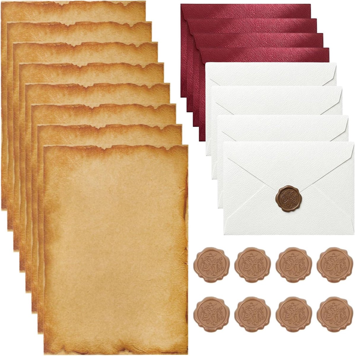 briefpapierset vintage 8 stuks - kraftpapier met enveloppen - inclusief zegelstempel - voor bruiloftsuitnodigingen - ShopVlot