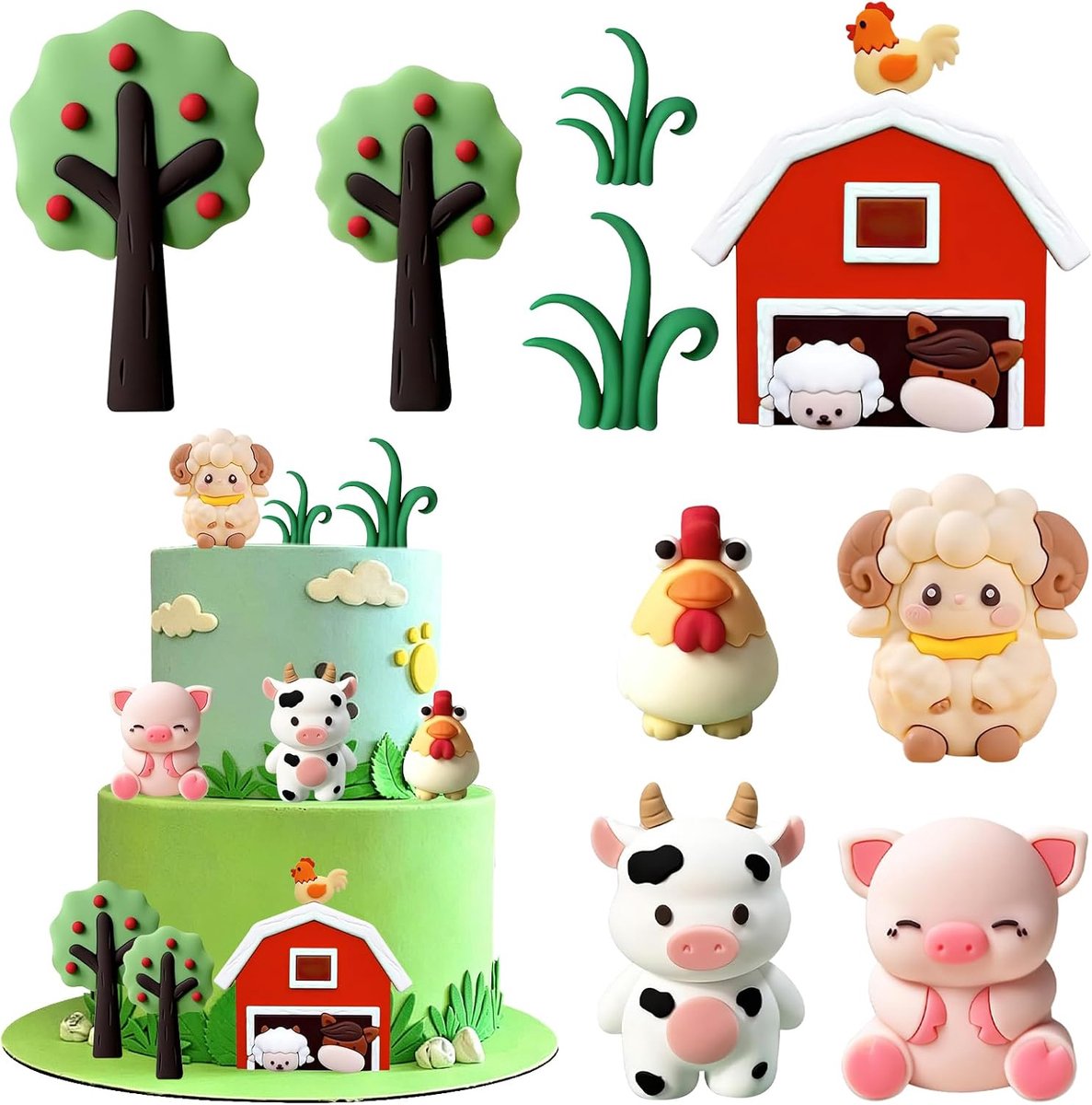 taartdecoratie boerderij 9 stuks - zacht rubber - leuk voor verjaardagsfeesten - ShopVlot