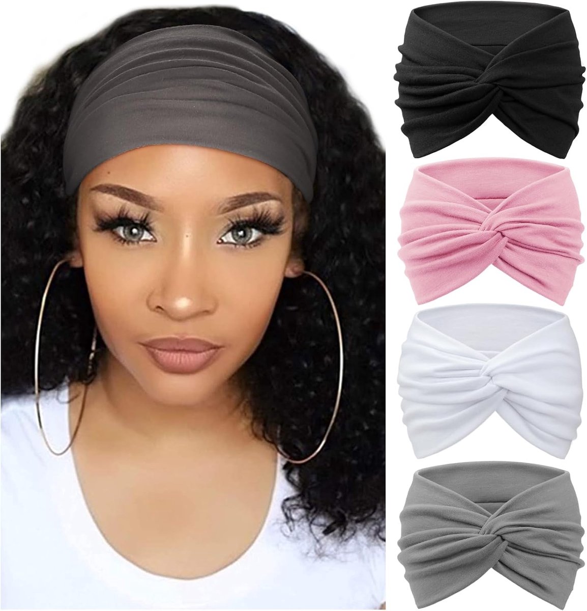 KZQ 4-delige set turban haarbanden voor dames - Brede vintage haarband met knoop - Zacht en stijlvol haaraccessoire - Zwart, wit, roze en grijs