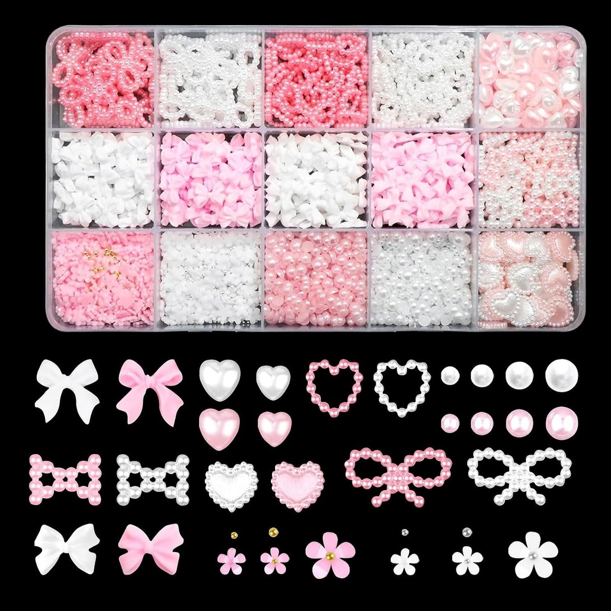 3D Nageldecoratie Set met 1000 Stukken, 8 Kleuren Strikjes, Bloemen, Sterren en Hartjes - Nail Art Accessoires voor Manicure en DIY Creaties