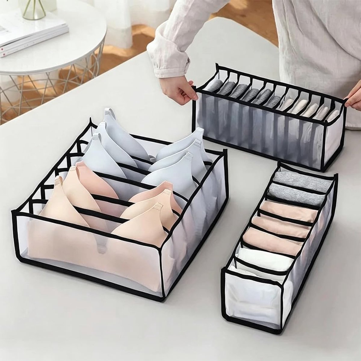 KZQ 3-delige opvouwbare microvezel ondergoed organizer - Opbergbox voor bh's lingerie en sokken - Geschikt voor lade en kast - Zwart