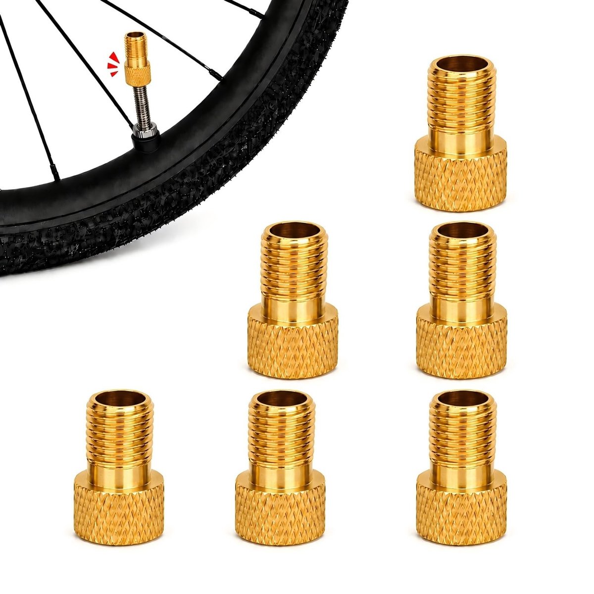 Fietsventieladapters - Messingkleurig - Set van 6 - Met Afdichtring - Voor Racefietsen, Mountainbikes en Stadsfietsen