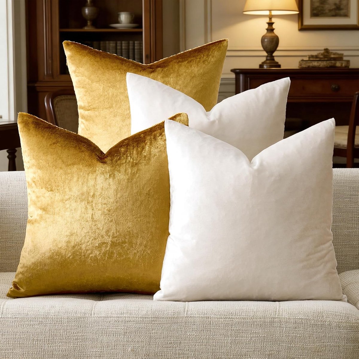 Set of 4 Cushion Covers 50 x 50 cm Gold Ivory Velvet Throw Pillow Covers Decorative Luxury Cushion Covers Square - ShopVlot