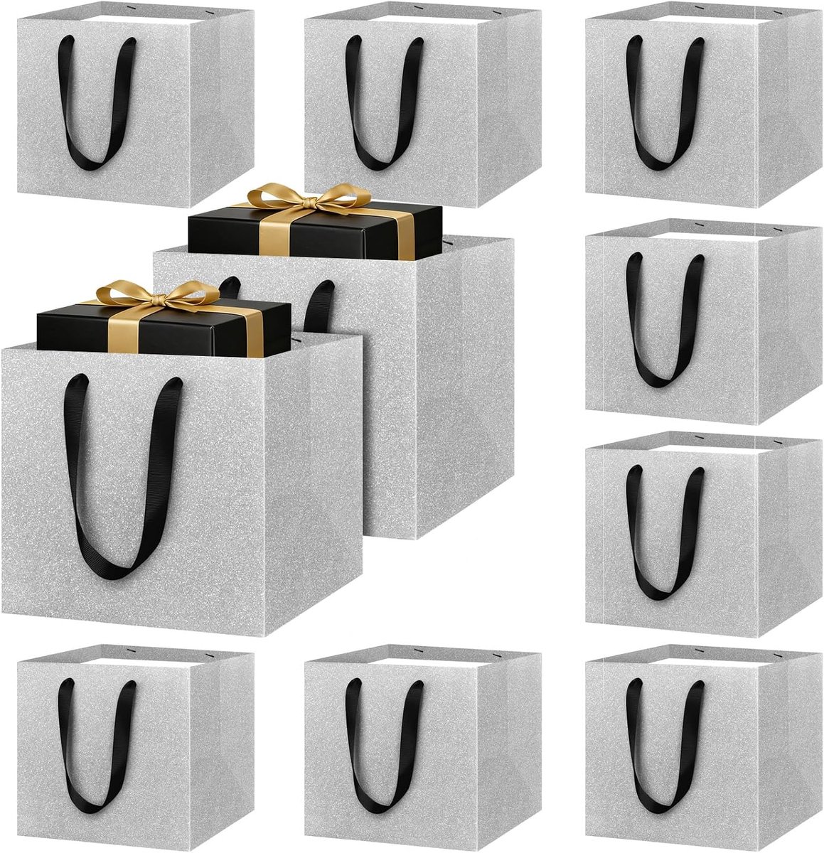 LVNRIDS 10 stuks luxe geschenkzakjes, zilverkleurig, vierkante geschenkzakjes, 20 x 20 x 20 cm, cadeautasjes, papieren - ShopVlot