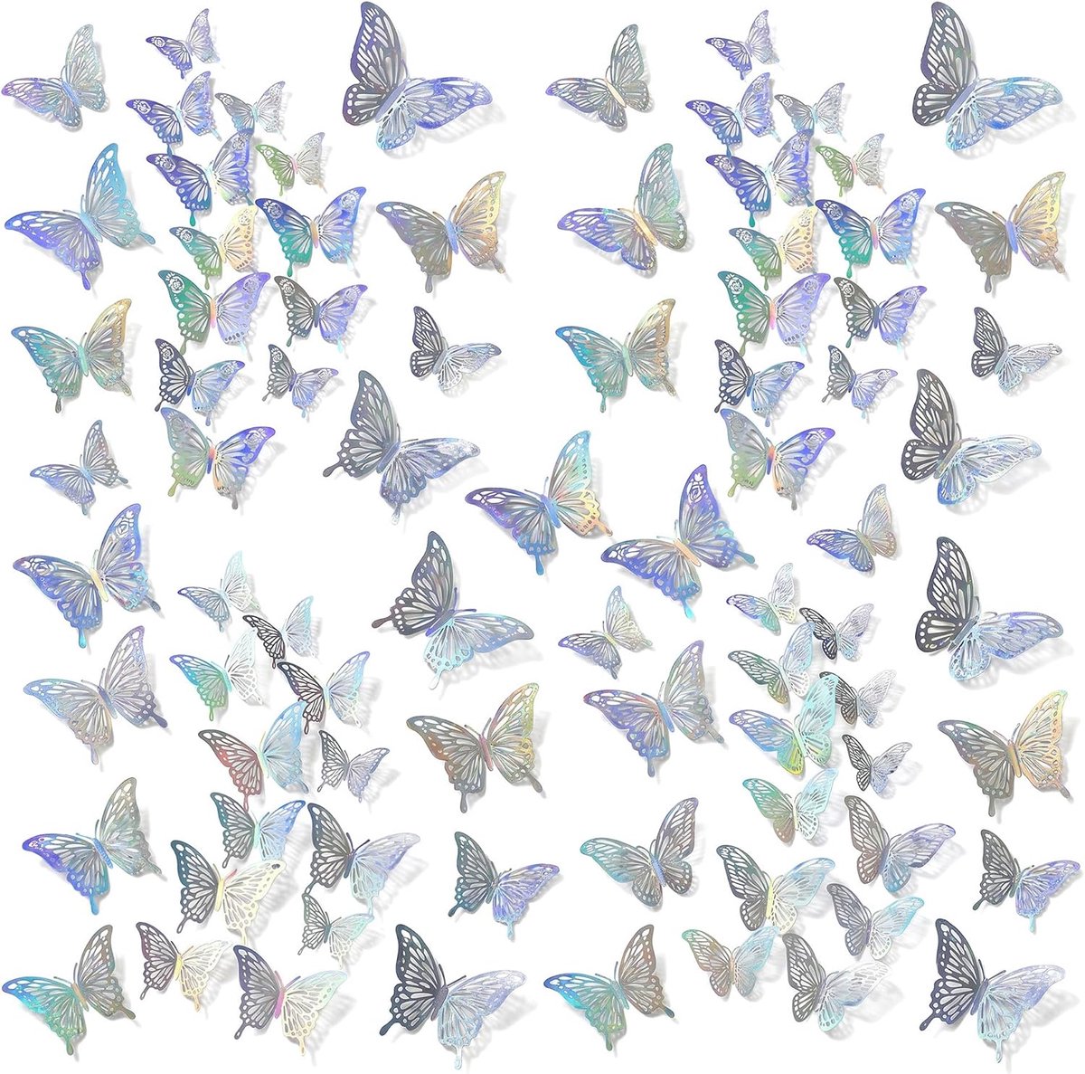 48 stuks 3D-vlinders, decoratieve muurstickers, holografisch, zilver - ShopVlot