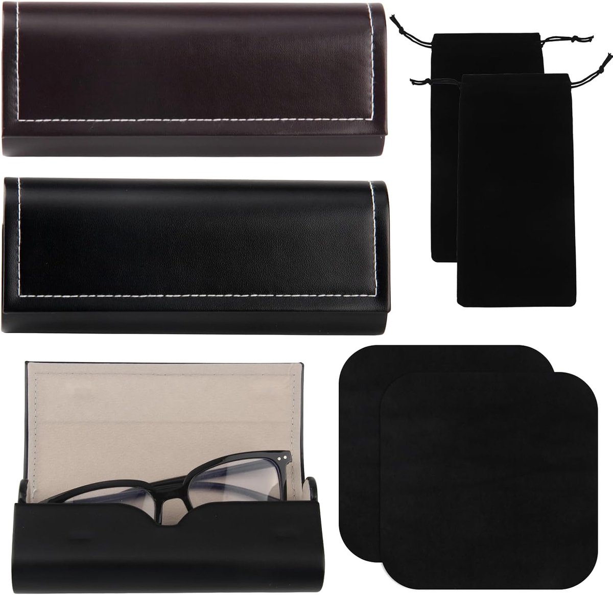 Pack of 6 Leather Case Portable Glasses Case Black Red Brown Glasses Case Hard with Glasses Cleaning Cloths and Pouch - ShopVlot