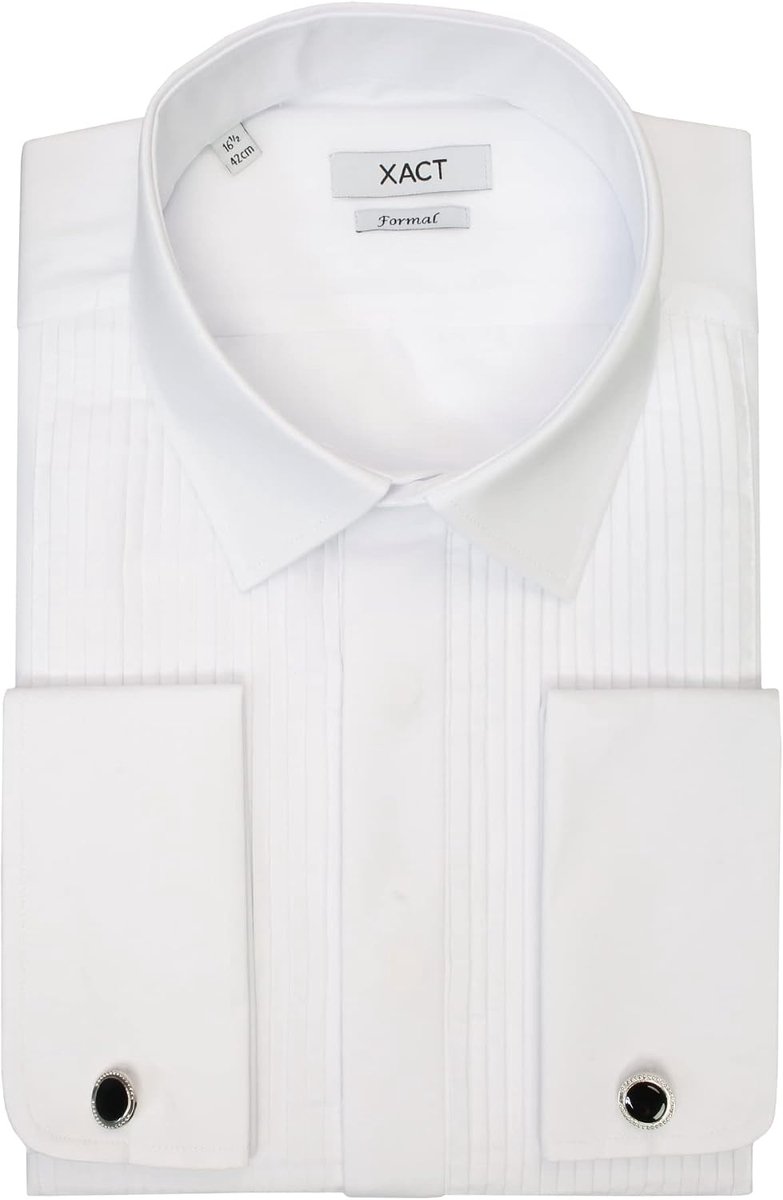 Xact Men's Formal Tuxedo/Dress Shirt with Double Cuff and Cuff Left (White - Standard Collar - ShopVlot