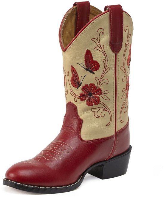 Rode leren cowboylaars, beige schacht met rood vlinder- en bloemmotief, en een stevige blokhak.