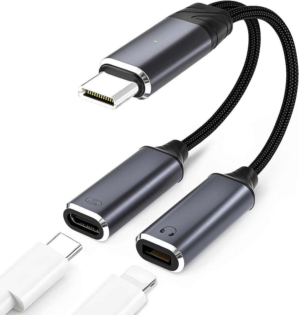USB-C Koptelefoon Adapter – 2 in 1 100W Snel Opladen en Light-ning Y-Audio-Splitter voor Telefoons met Type C - ShopVlot