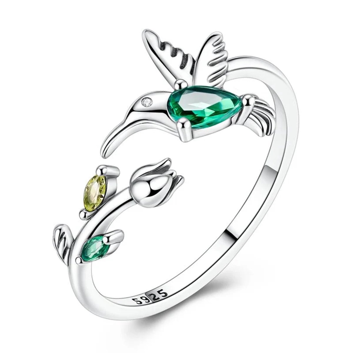 Matthew Studio® Dames Kolibrie Ring - Ring - 925 Zilver - Groene en Gele Zirkonia - Verstelbaar - Zilverkleurig