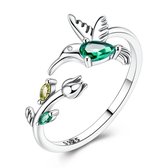 Matthew Studio® Dames Kolibrie Ring - Ring - 925 Zilver - Groene en Gele Zirkonia - Verstelbaar - Zilverkleurig