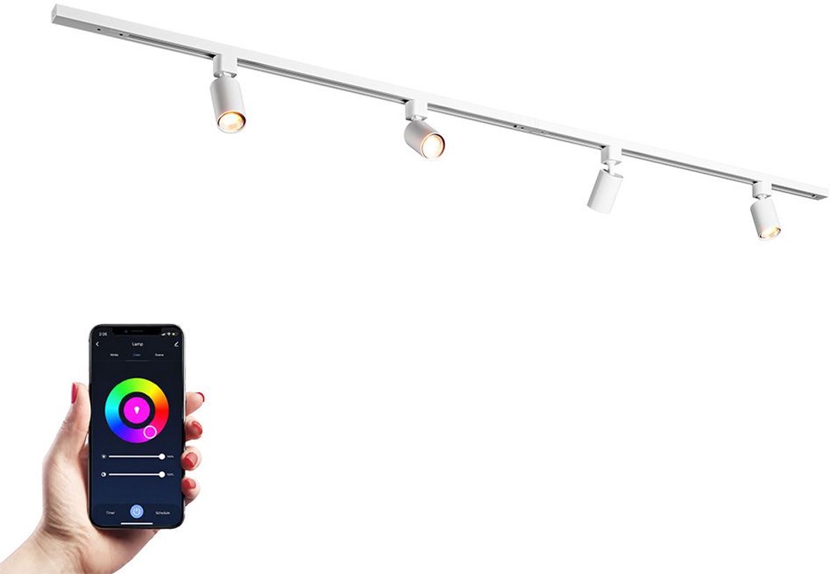 HOFTRONIC railverlichting pakket recht – 2x 1 meter rail – 4x RGBWW GU10 dimbare railspots – aluminium wit – IP20 – modulair – 230V – smart track lights woonkamer keuken