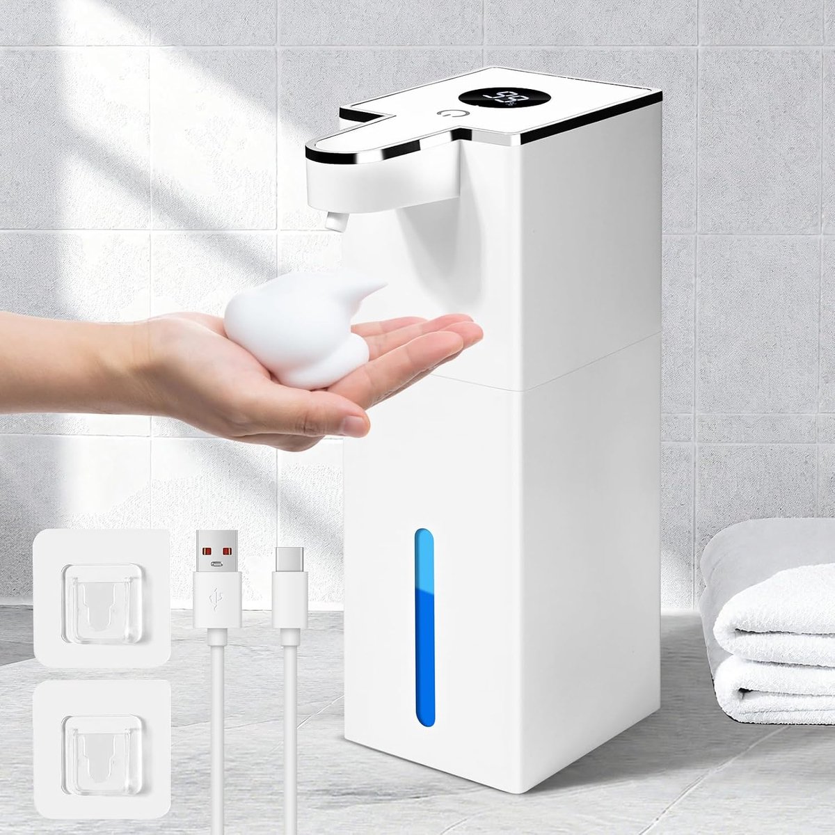 Automatische zeepdispenser, 420 ml, contactloos, wandmontage, USB-oplaadbaar, IPX5 waterdicht, voor badkamer, kantoor - ShopVlot