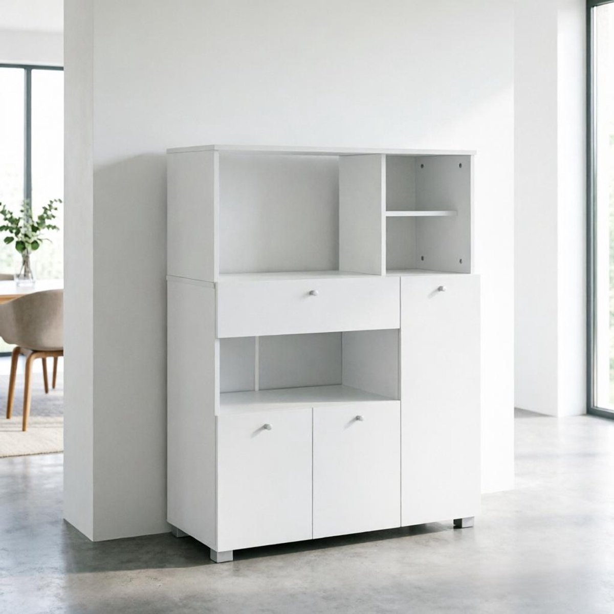 DESMIU Keukenkast - Moderne Opbergkast Met Open Vakken En Lade - Voor Keuken En Eetkamer - Spaanplaat En Aluminium - Wit - 90x40x120 Cm