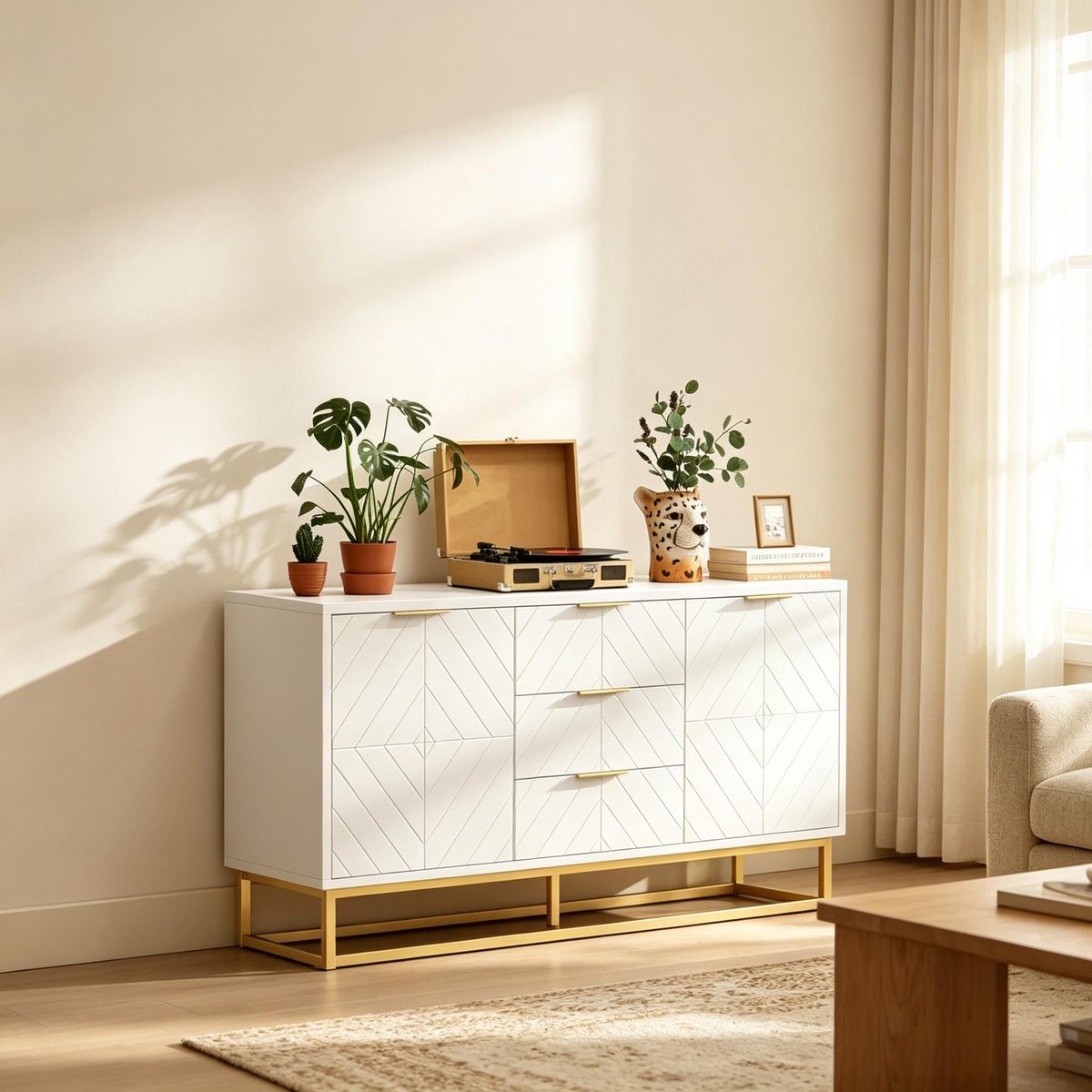 DESMIU Buffetkast Met Laden En Deuren En Verstelbaar Legplank Voor Woonkamer En Eetkamer MDF En Metaal Wit Goud 120x40x76 Cm