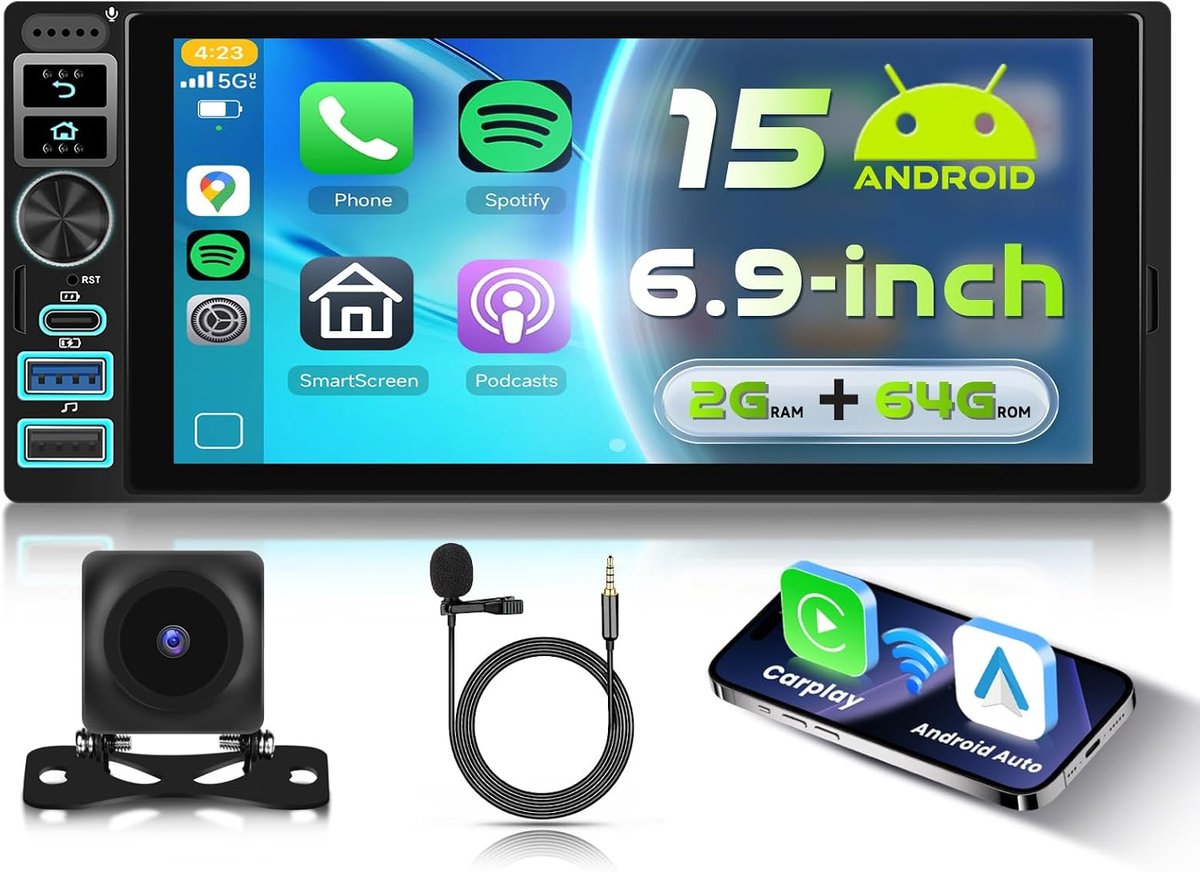 Autostereo 6.9 inch - Android 15 - Bluetooth en Wi-Fi - Eenvoudige app-installatie - ShopVlot