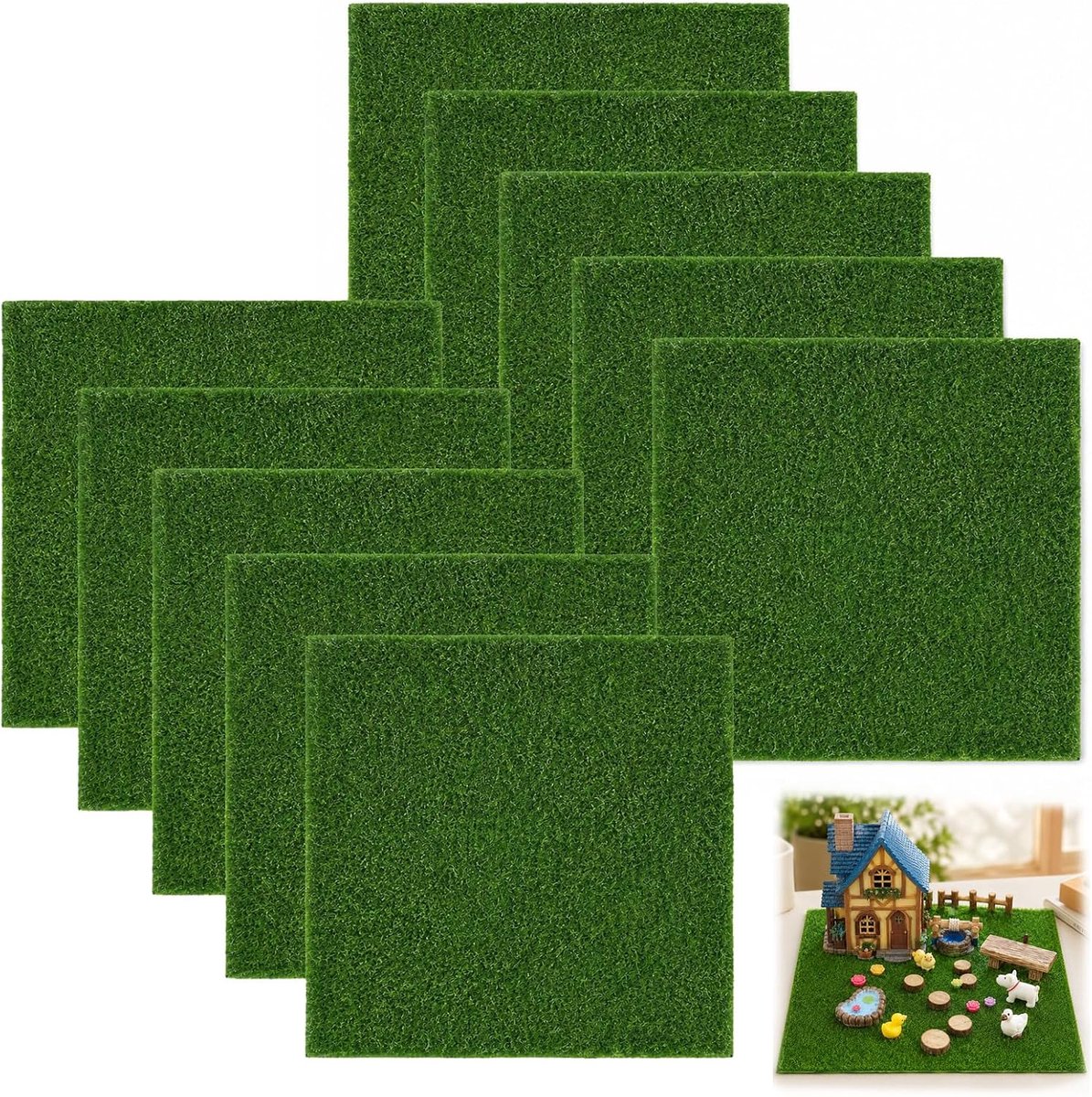 Mini-kunstgras 15 x 15 cm - realistisch kunstgras - 10 stuks - ideaal voor knutselen - ShopVlot
