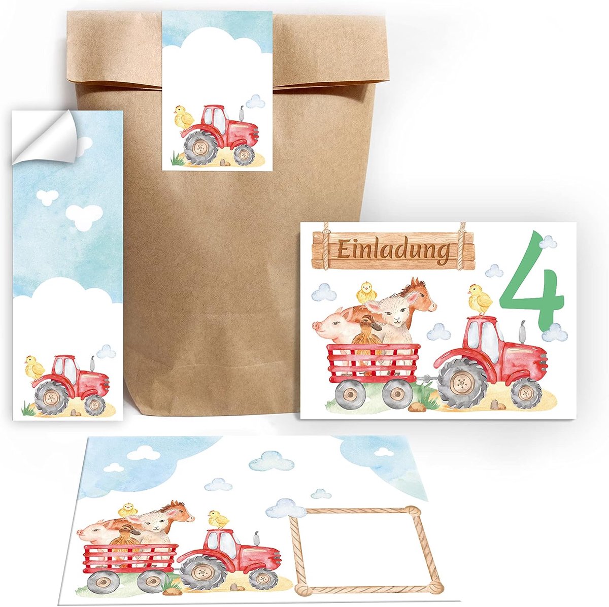 Uitnodigingskaarten 4e verjaardag - 12 kaarten met enveloppen - Boerderijthema - Perfect voor jongens en meisjes - ShopVlot
