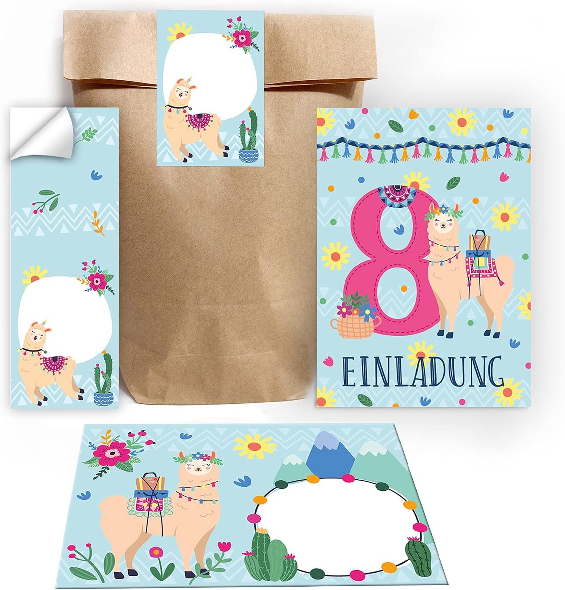uitnodigingskaarten 8e verjaardag - llama design - 12 kaarten met enveloppen - feestelijke uitnodigingen - ShopVlot