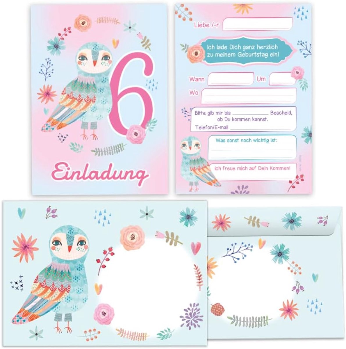 uitnodigingskaarten 12 stuks - uil ontwerp - voor 6e verjaardag meisje - inclusief enveloppen - ShopVlot