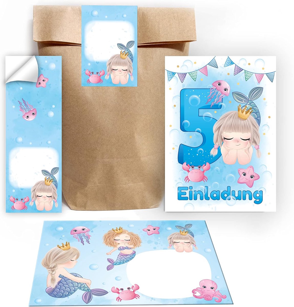 uitnodigingskaarten 5e verjaardag - zeemeermin design - inclusief enveloppen en stickers - ShopVlot