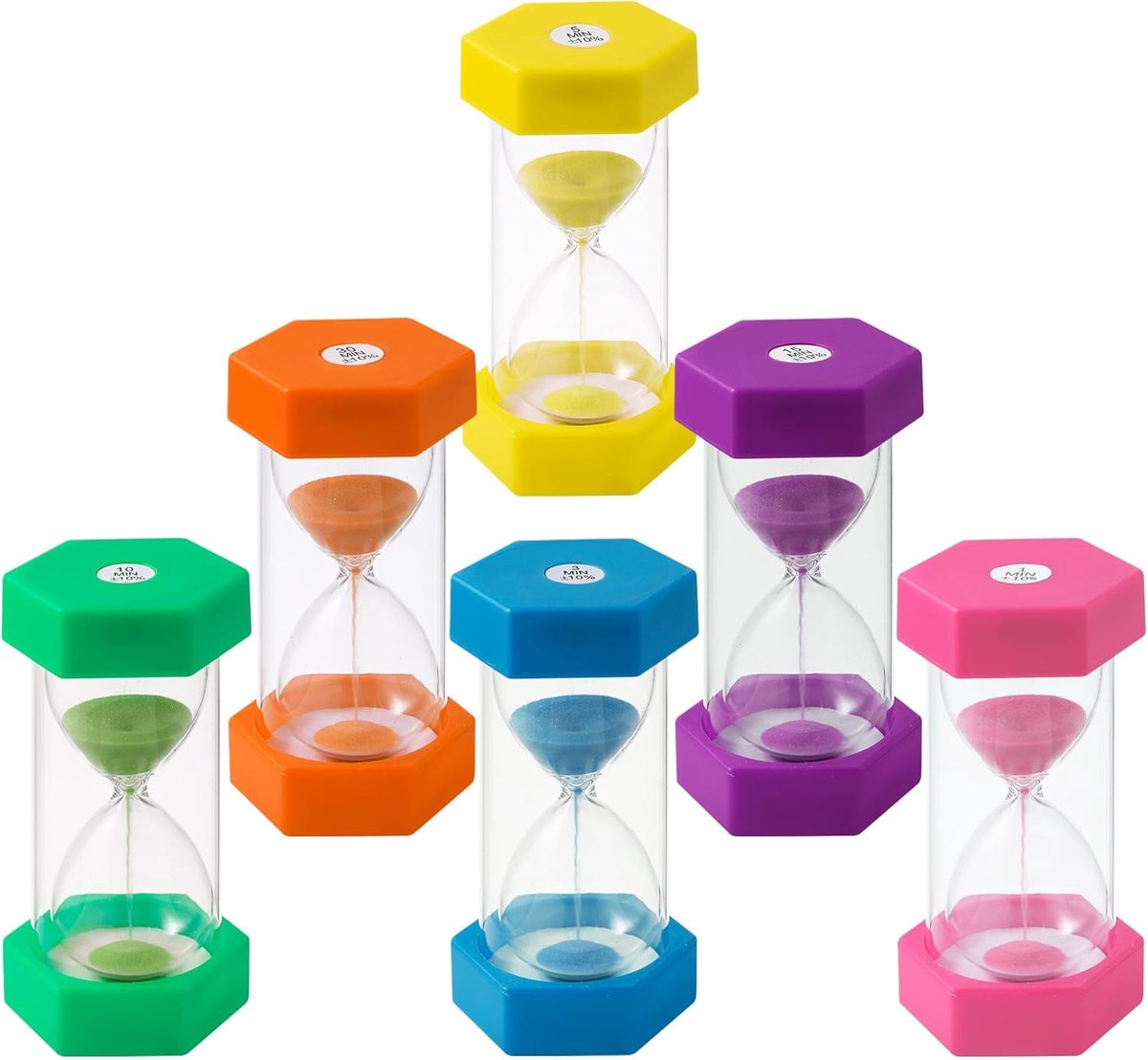 Zandloper set 6 kleuren - 1/3/5/10/15/30 minuten - ideaal voor het klaslokaal - leert kinderen tijd beheren - ShopVlot