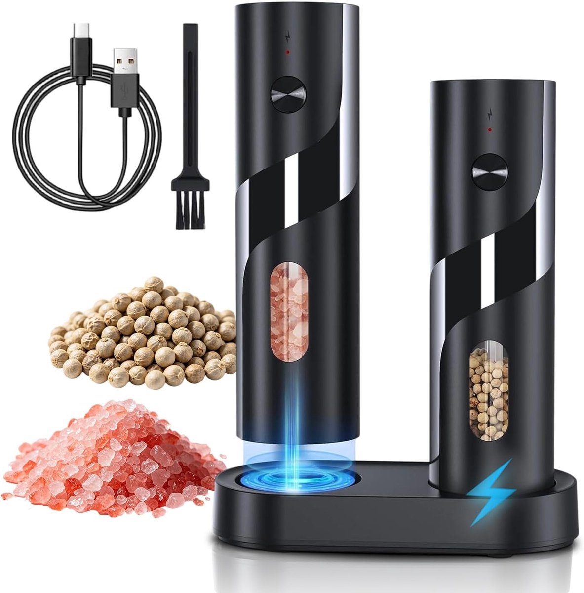 Elektrische Zout- en Pepermolen Set - Zwart - 110 ml - Met USB-oplaadstation en LED-verlichting - Voor Koks en Kookliefhebbers