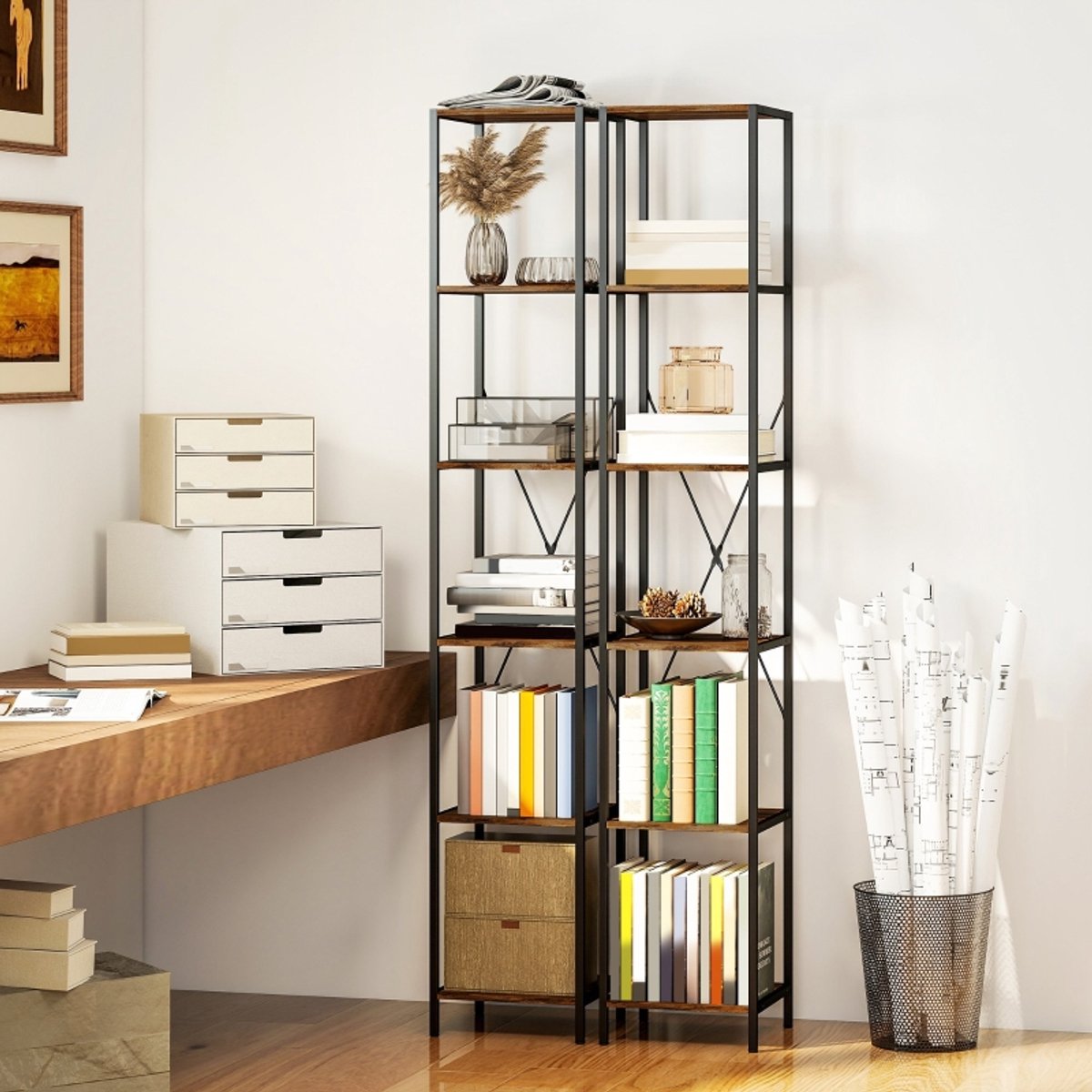 OKWISH Boekenkast – Set Van 2, 6 Niveaus – 30 X 30 X 174,5 Cm – Hout En Koolstofstaal – Rustiek Bruin En Zwart – Open Opbergruimte