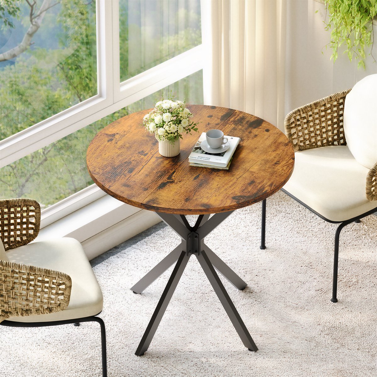 MODFU Eettafel - Rond - Industrieel - X-Poot - Bruin En Zwart - 80 X 75 Cm