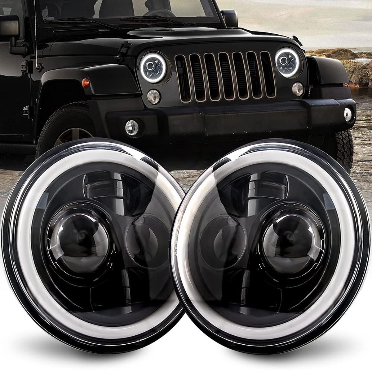 2 Pieces 7 Inch LED Wrangler Headlights, H6024 DOT Approved Round Waterproof White Halo Headlight with High/Low Light - ShopVlot