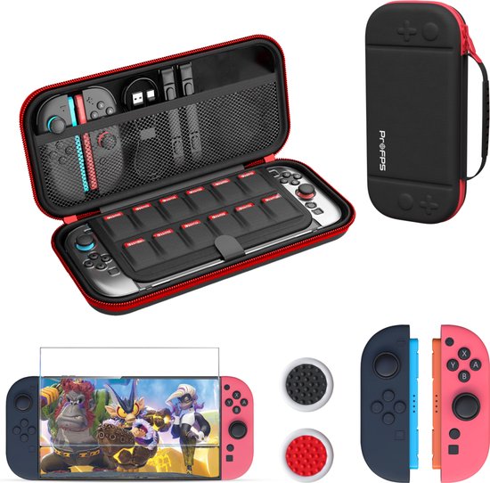 Zwarte ProFPS case met rode rits en rode rand. Binnenin een Nintendo Switch met Joy-Cons, kabels en 10 spelcartridges.