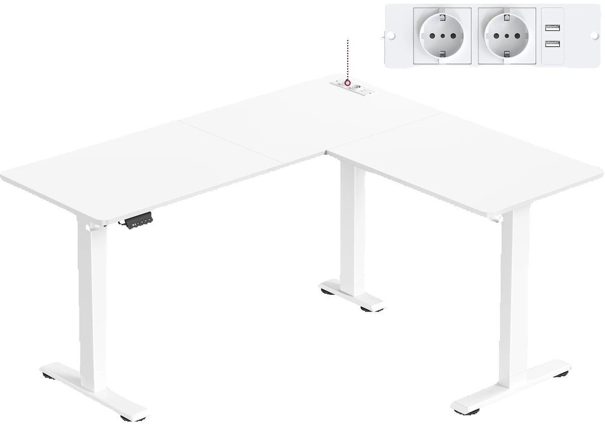Brandistry - Bureau - In Hoogte Verstelbaar Bureau - Hoekbureau - L Vormig - Zit Sta Bureau - Elektrisch - Met Laadstation - Wit
