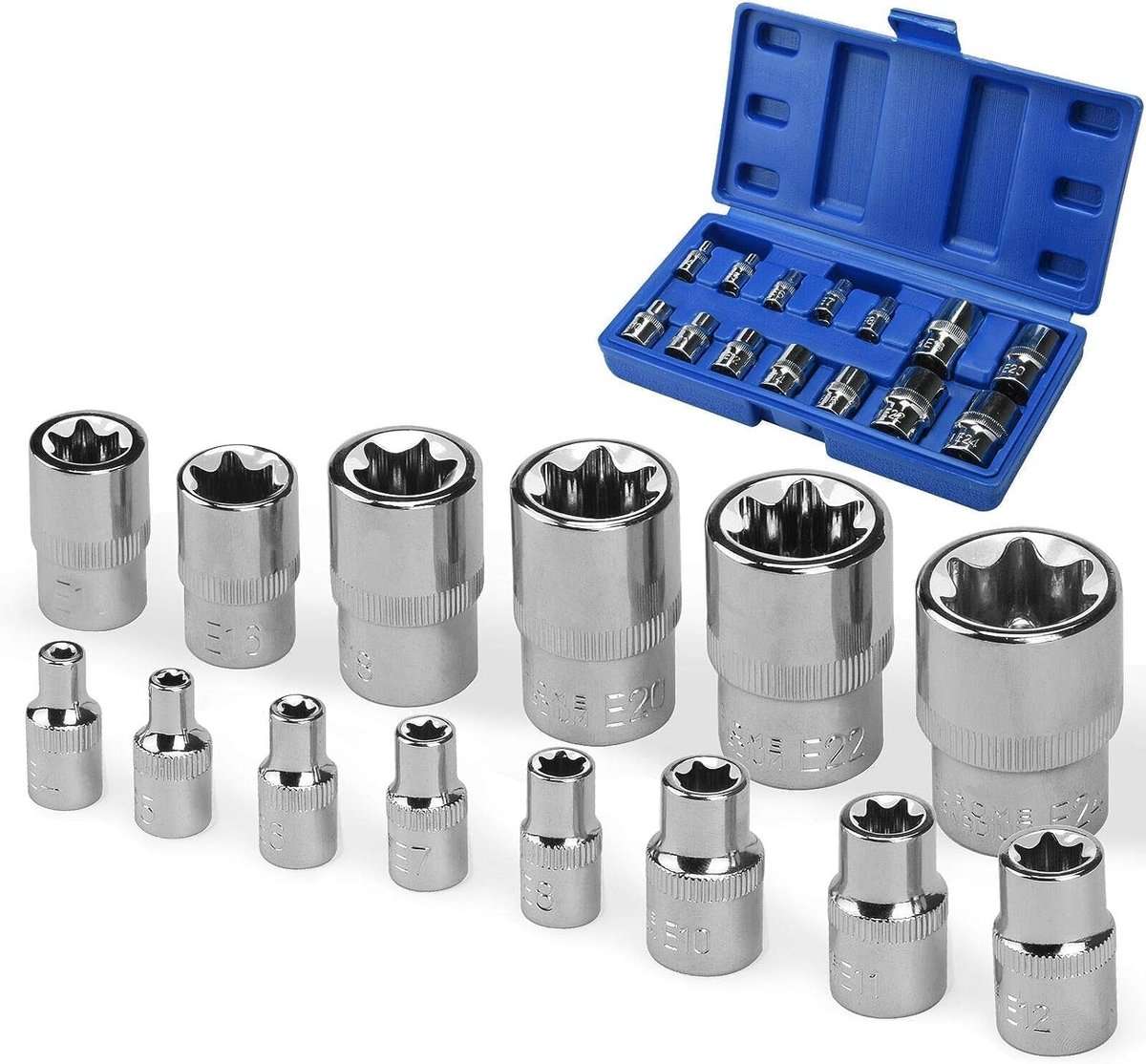 Willkommen 14PCS Nut Tool, 1 E-Type Nut Tool, Sockets Tool, 14-Piece Socket (E4-E24), 1/4" 1/2" 3/8" E-Type Sockets - ShopVlot