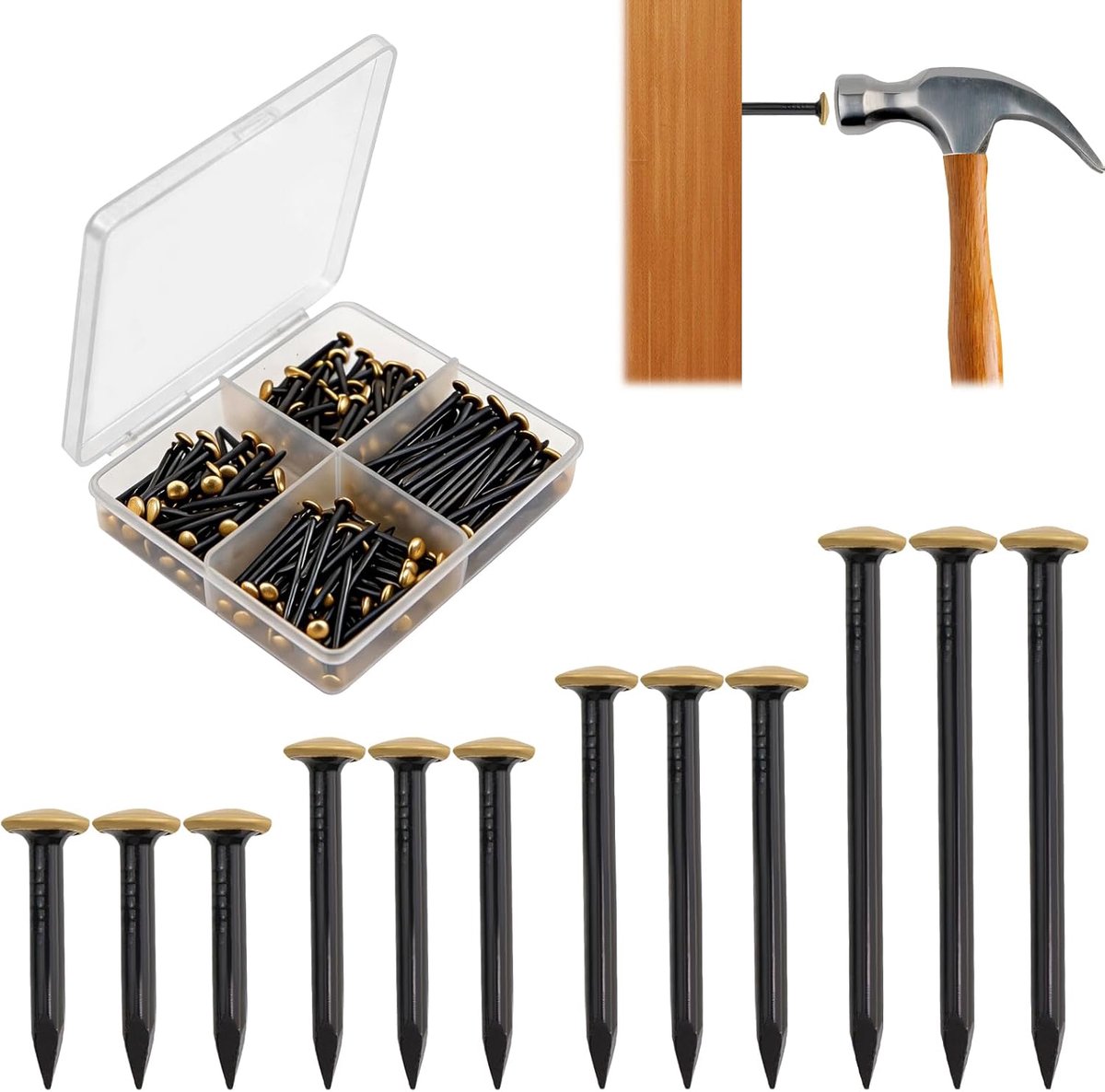 160pcs Steel Nail Set, 20/25/30/40mm, Gold Nail Heads, Nails with Storage Box, Steel Nails, Concrete, No Drilling - ShopVlot