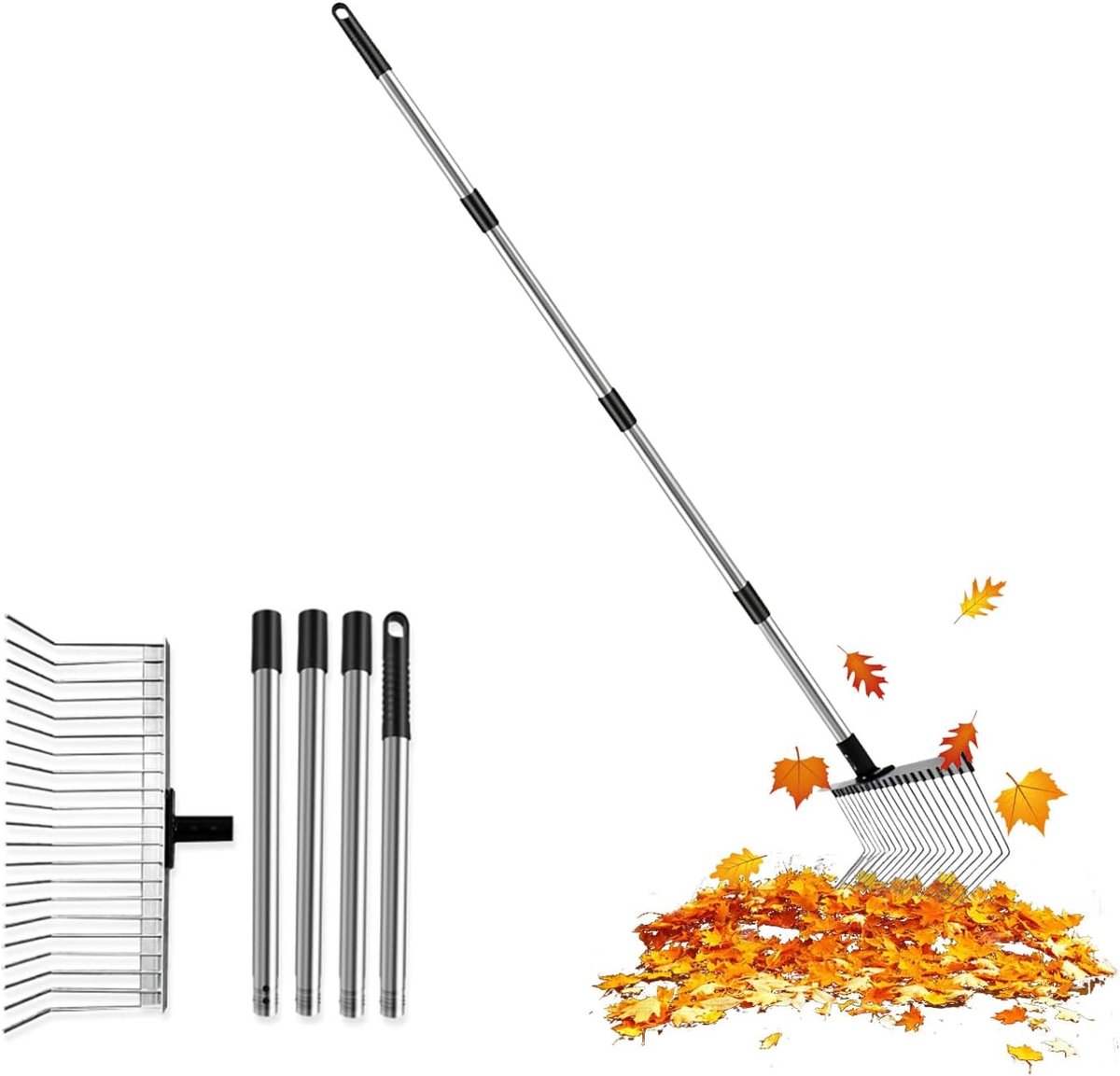 Tuinhark 160 cm - 4-delig metaal - in hoogte verstelbaar - efficiënt bladeren verzamelen - ShopVlot