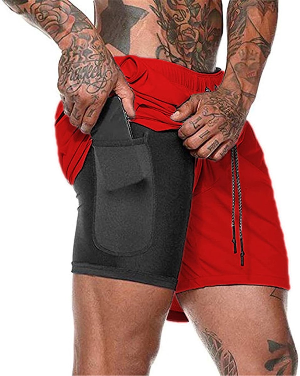 Heren 2-in-1 Hardloopshorts L - sneldrogend ademend - met telefoontas - ideaal voor sporttraining - ShopVlot