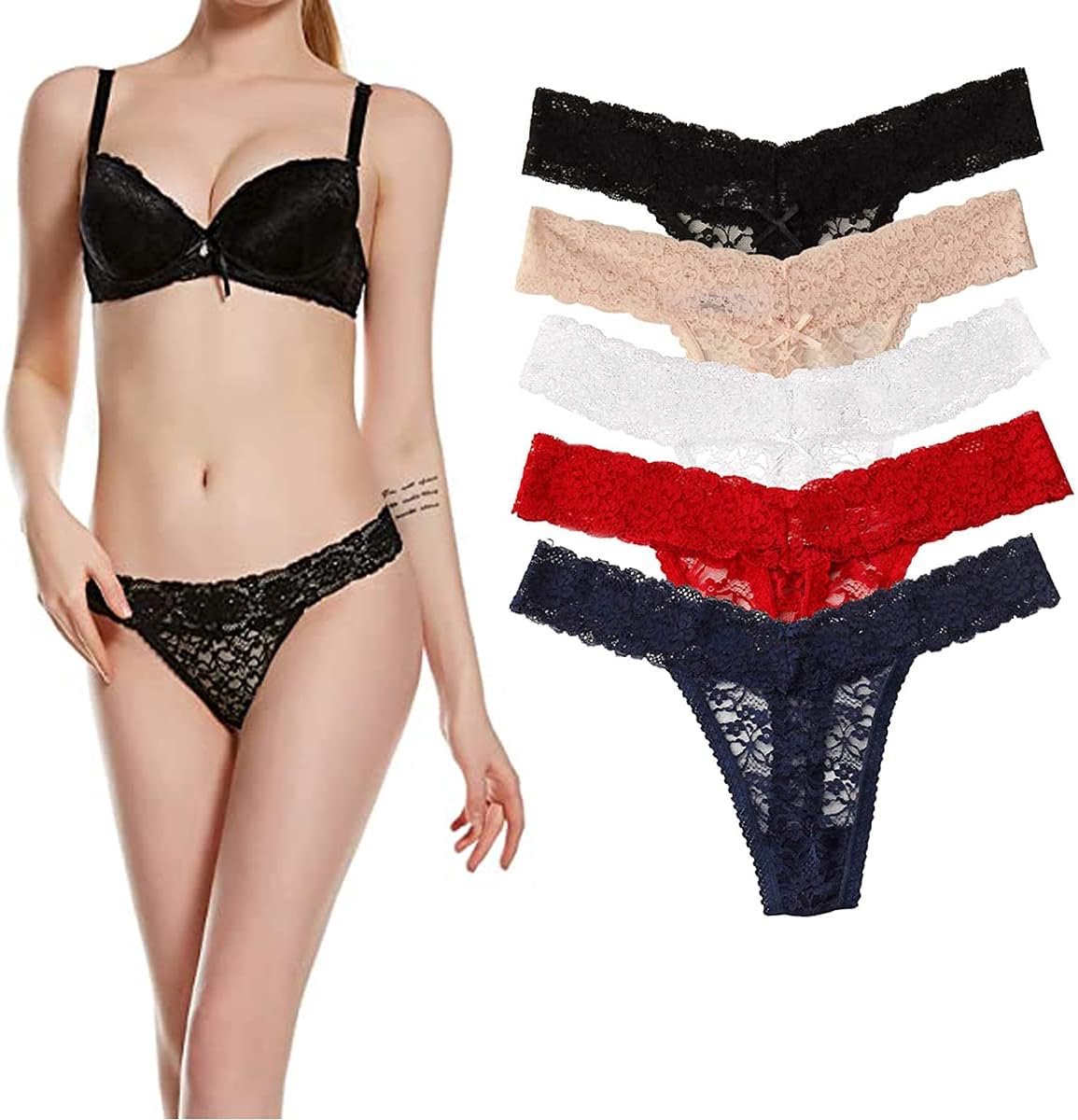 Thong ondergoed vrouwen - lage taille - doorzichtig kant - sexy V-vormig design, ideaal voor dagelijkse draag | Pack van 5