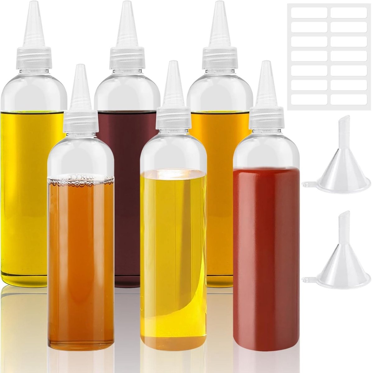 Sausflessen Set - Transparant - 250 ml - Herbruikbare Plastic Knijpflessen met Trechter en Stickers - Voor Ketchup en Dressings
