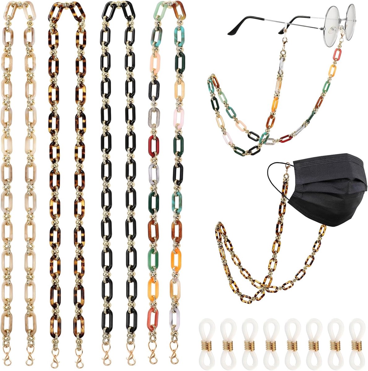 Acryl bril ketting set van 4 - Retro stijl - Met antislip siliconen ringen - Voor vrouwen, mannen en kinderen - ShopVlot