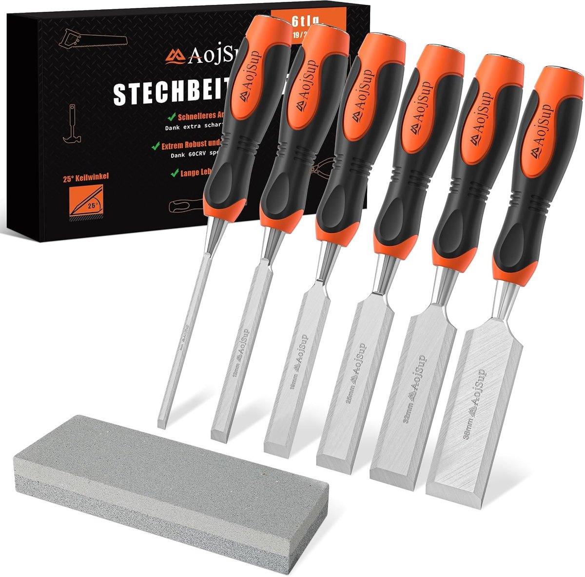 Beitelset voor hout - 6-delig - Steekbeitels van 6, 12, 19, 25, 32 en 38 mm - Professionele set met Slijpsteen en Slagkap - Voor Doe-het-zelvers en Professionals